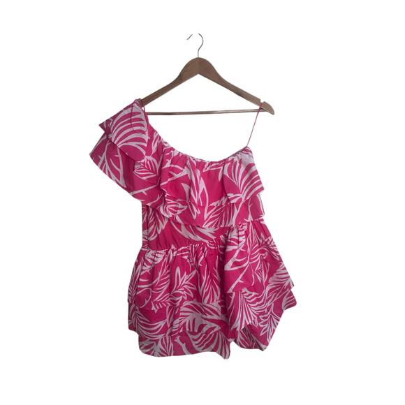 Azura Pink Tropical One Shoulder Ruffle Romper with pockets– Size L - Picture 6 of 14